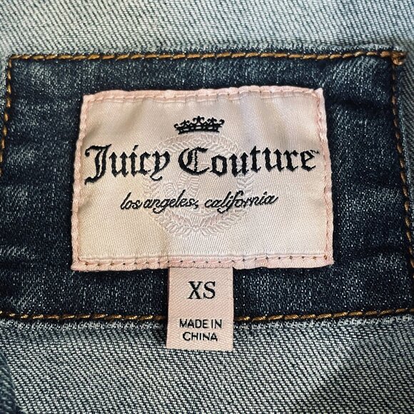 Juicy Couture XS Rhinestone Distressed Denim Jacket Y2K Bling Glam Grunge - Picture 3 of 13